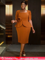 AOMEIDRESS 3D Floral Solid Color Dress Square Neck Long Sleeved Brown / S