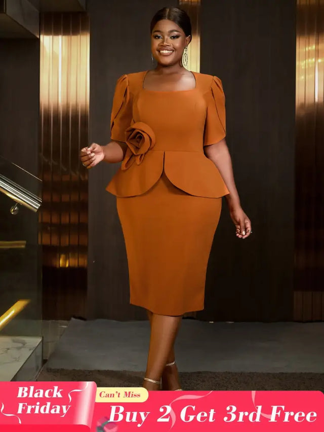 AOMEIDRESS 3D Floral Solid Color Dress Square Neck Long Sleeved Brown / S