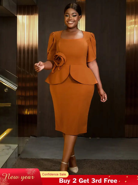 AOMEIDRESS 3D Floral Solid Color Dress Square Neck Long Sleeved Brown / S