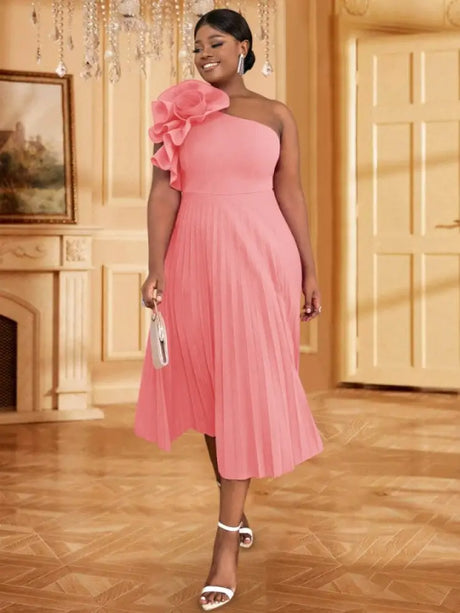 AOMEIDRESS 3D Flower One Shoulder Pleated Summer Cocktail Dress Pink / S