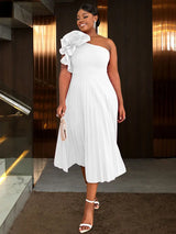 AOMEIDRESS 3D Flower One Shoulder Pleated Summer Cocktail Dress White / S