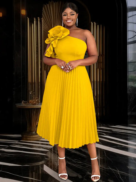 AOMEIDRESS 3D Flower One Shoulder Pleated Summer Cocktail Dress Yellow / S