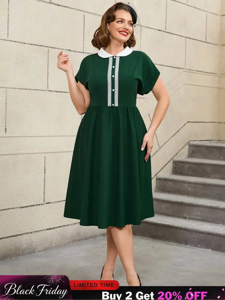 AOMEIDRESS 50s Swing Dress Peter Pan Collar A Line Vintage Style DarkGreen / S