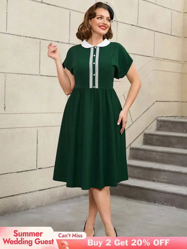 AOMEIDRESS 50s Swing Dress Peter Pan Collar A Line Vintage Style DarkGreen / S