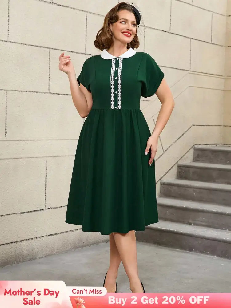AOMEIDRESS 50s Swing Dress Peter Pan Collar A Line Vintage Style DarkGreen / S
