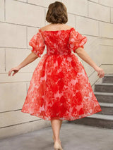 AOMEIDRESS 50s Swing Dress Off Shoulder Puff Sleeve Floral A Line