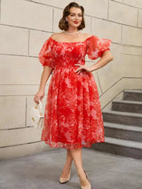 AOMEIDRESS 50s Swing Dress Off Shoulder Puff Sleeve Floral A Line