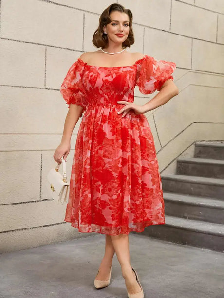 AOMEIDRESS 50s Swing Dress Off Shoulder Puff Sleeve Floral A Line