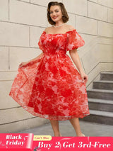 AOMEIDRESS 50s Swing Dress Off Shoulder Puff Sleeve Floral A Line Red / S