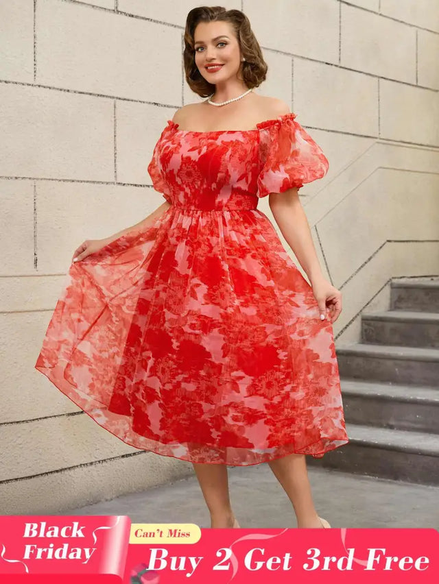AOMEIDRESS 50s Swing Dress Off Shoulder Puff Sleeve Floral A Line Red / S