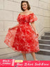 AOMEIDRESS 50s Swing Dress Off Shoulder Puff Sleeve Floral A Line Red / S