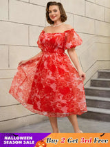 AOMEIDRESS 50s Swing Dress Off Shoulder Puff Sleeve Floral A Line Red / S
