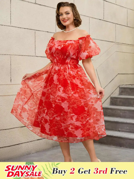 AOMEIDRESS 50s Swing Dress Off Shoulder Puff Sleeve Floral A Line Red / S