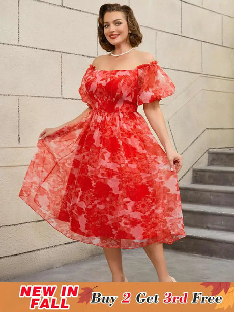 AOMEIDRESS 50s Swing Dress Off Shoulder Puff Sleeve Floral A Line Red / S