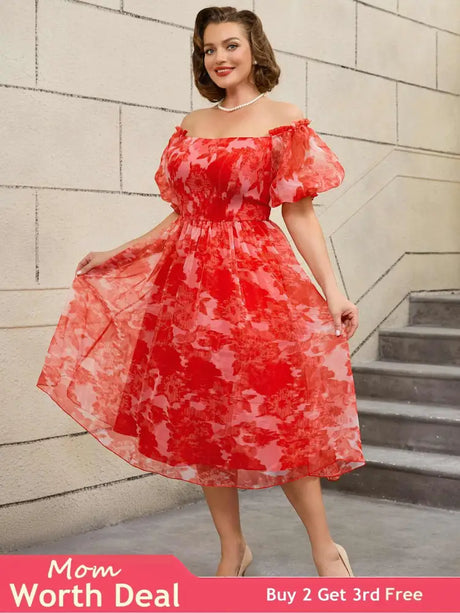 AOMEIDRESS 50s Swing Dress Off Shoulder Puff Sleeve Floral A Line Red / S