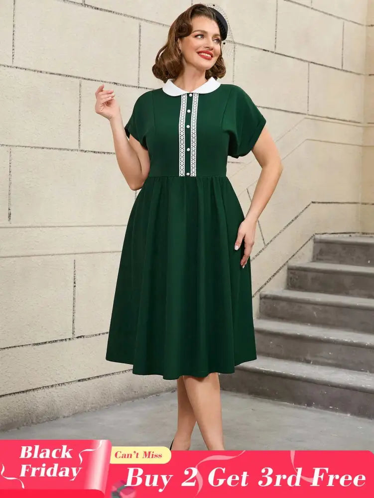 AOMEIDRESS 50s Swing Dress Peter Pan Collar A Line Vintage Style DarkGreen / S