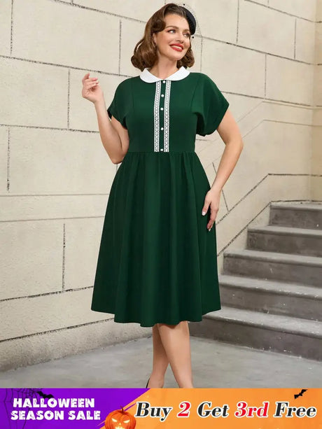 AOMEIDRESS 50s Swing Dress Peter Pan Collar A Line Vintage Style DarkGreen / S