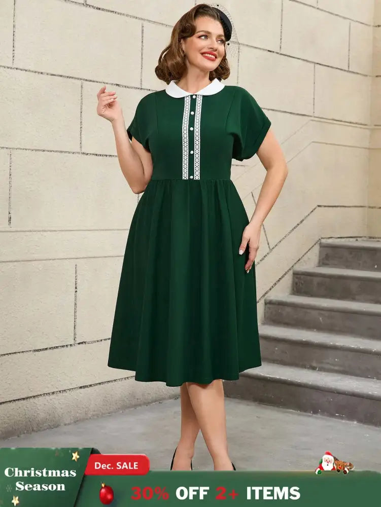 AOMEIDRESS 50s Swing Dress Peter Pan Collar A Line Vintage Style DarkGreen / S