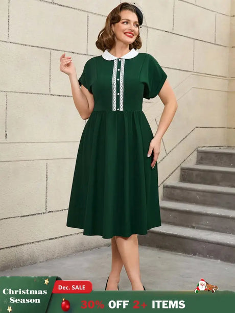 AOMEIDRESS 50s Swing Dress Peter Pan Collar A Line Vintage Style DarkGreen / S