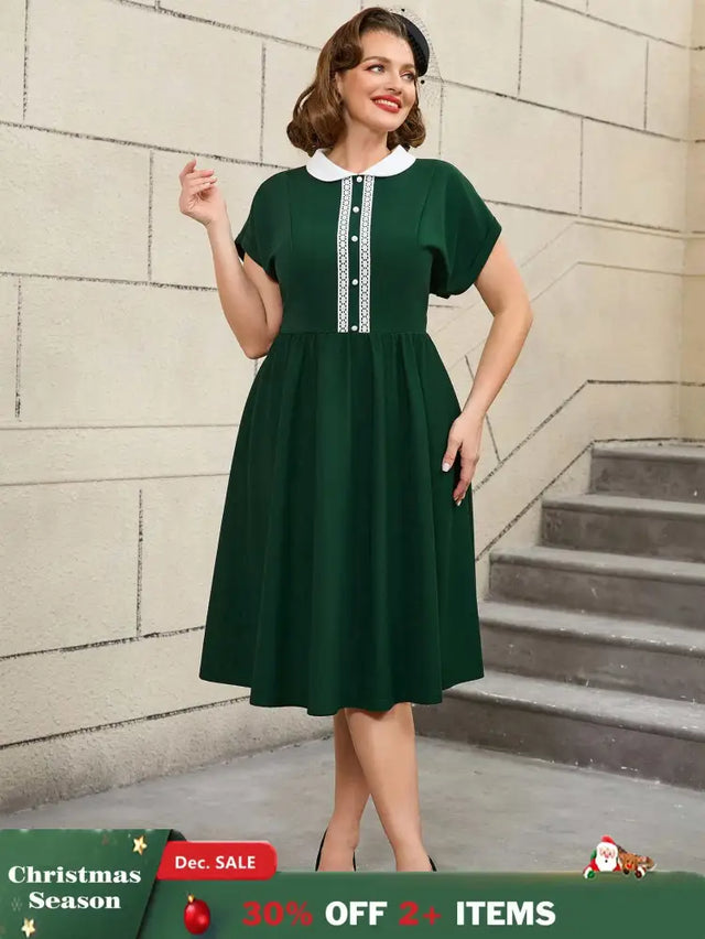 AOMEIDRESS 50s Swing Dress Peter Pan Collar A Line Vintage Style DarkGreen / S