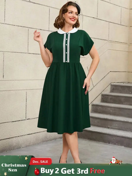 AOMEIDRESS 50s Swing Dress Peter Pan Collar A Line Vintage Style DarkGreen / S