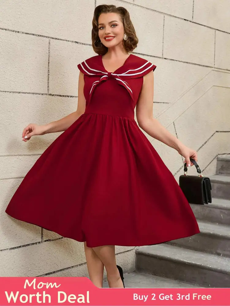 AOMEIDRESS 50s Swing Dress Sleeveless A Line College Style Dress Wine / S