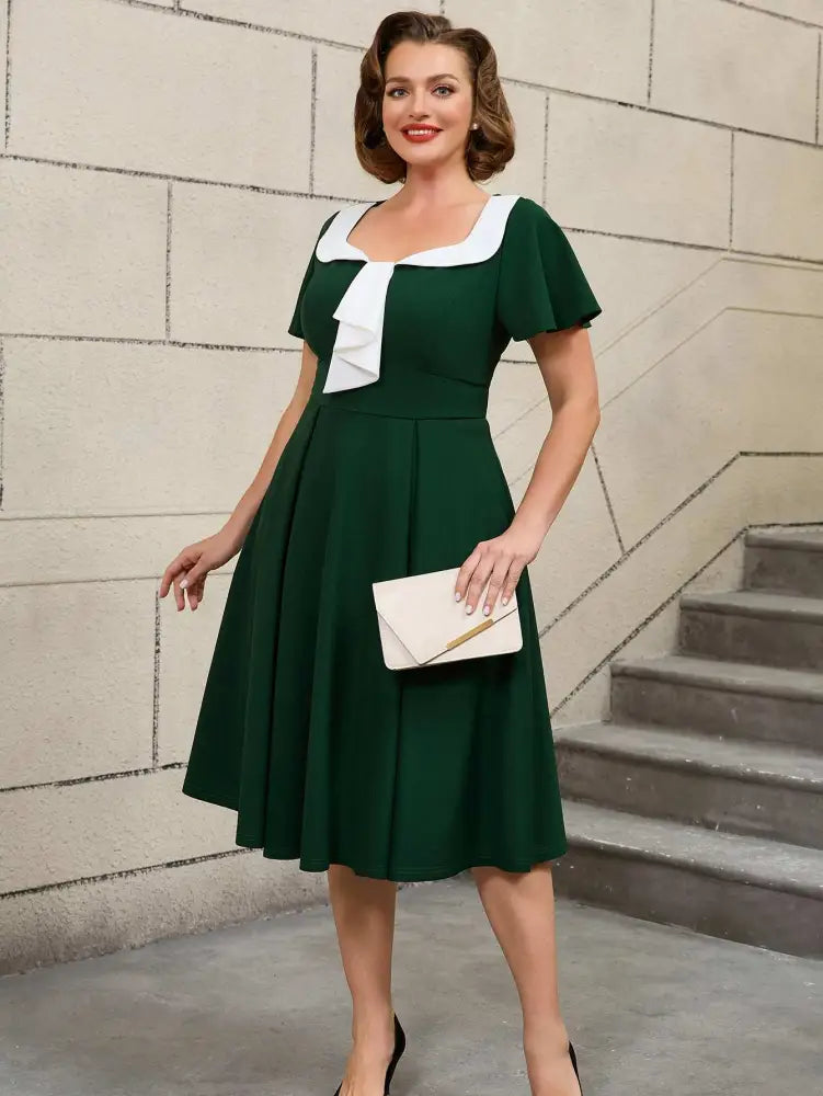 AOMEIDRESS 50s Swing Dress Turn Down Collar Short Sleeve A Line Dress