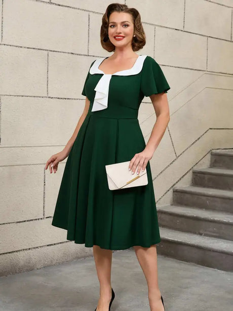 AOMEIDRESS 50s Swing Dress Turn Down Collar Short Sleeve A Line Dress