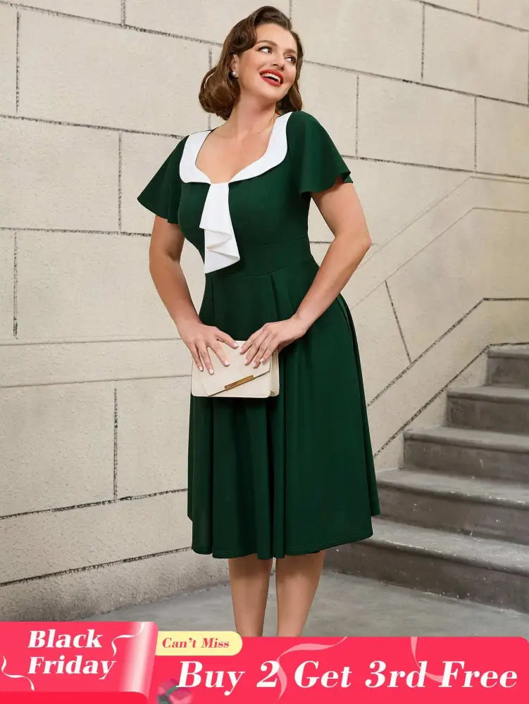 AOMEIDRESS 50s Swing Dress Turn Down Collar Short Sleeve A Line Dress DarkGreen / S