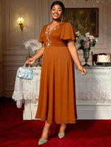 AOMEIDRESS A Line Beading Wedding Guests Dress Waist Belt Puff Sleeve