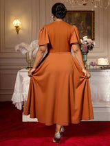 AOMEIDRESS A Line Beading Wedding Guests Dress Waist Belt Puff Sleeve