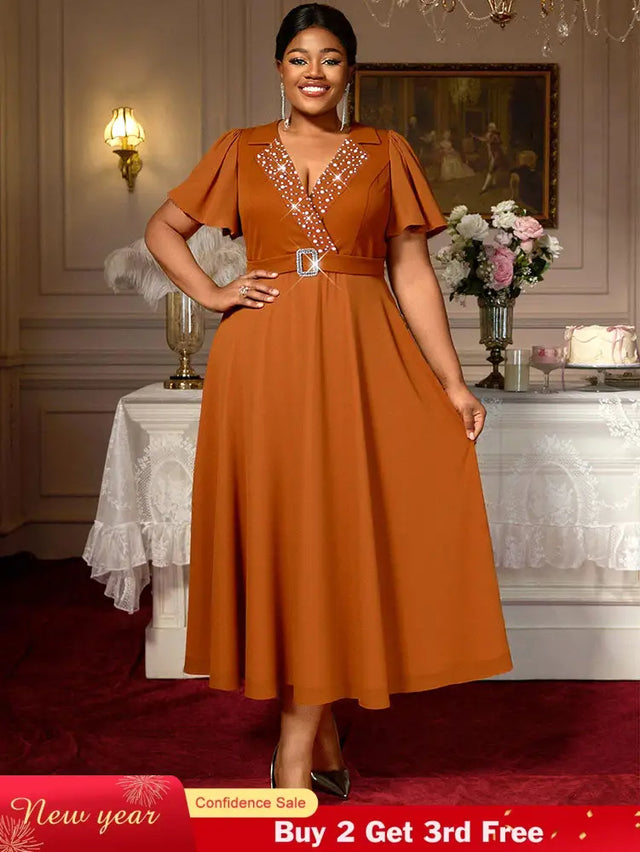 AOMEIDRESS A Line Beading Wedding Guests Dress Waist Belt Puff Sleeve Brown / 0XL