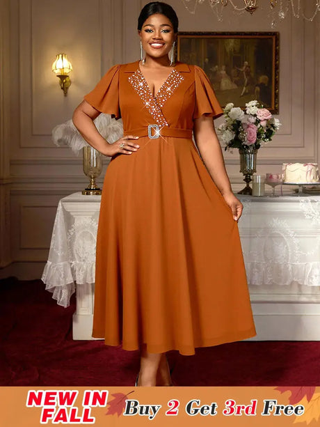 AOMEIDRESS A Line Beading Wedding Guests Dress Waist Belt Puff Sleeve Brown / 0XL