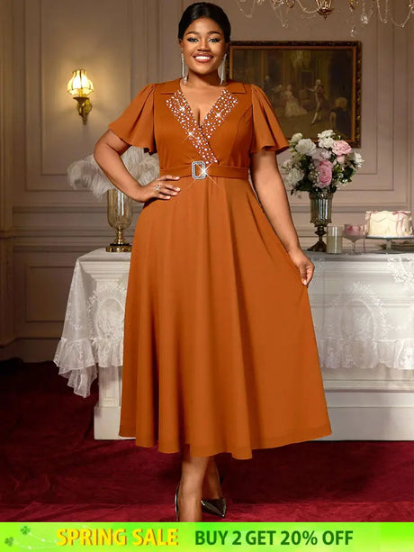 AOMEIDRESS A Line Beading Wedding Guests Dress Waist Belt Puff Sleeve Brown / 0XL