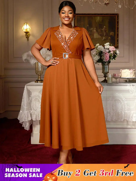 AOMEIDRESS A Line Beading Wedding Guests Dress Waist Belt Puff Sleeve Brown / 0XL