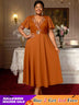 AOMEIDRESS A Line Beading Wedding Guests Dress Waist Belt Puff Sleeve Brown / 0XL