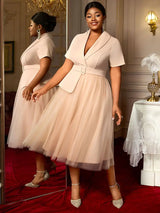 AOMEIDRESS A Line Blazer Dresses With Waist Belt Patchwork Mesh Skirt