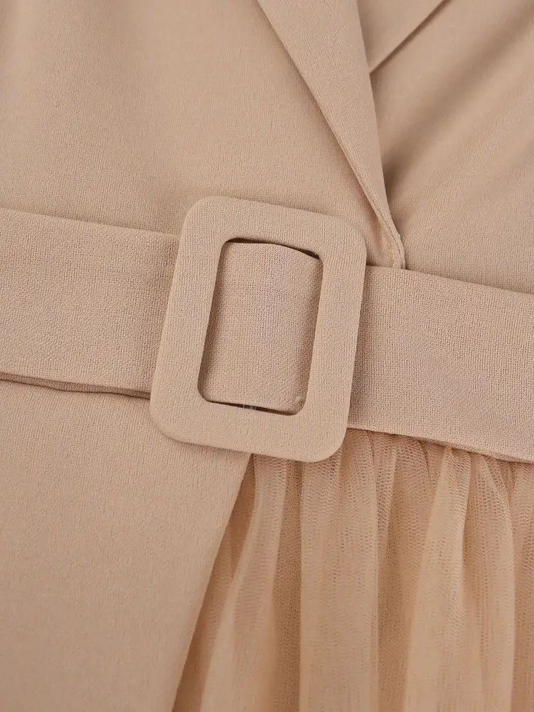 AOMEIDRESS A Line Blazer Dresses With Waist Belt Patchwork Mesh Skirt