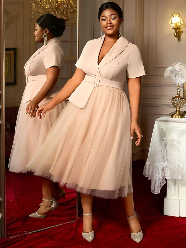 AOMEIDRESS A Line Blazer Dresses With Waist Belt Patchwork Mesh Skirt