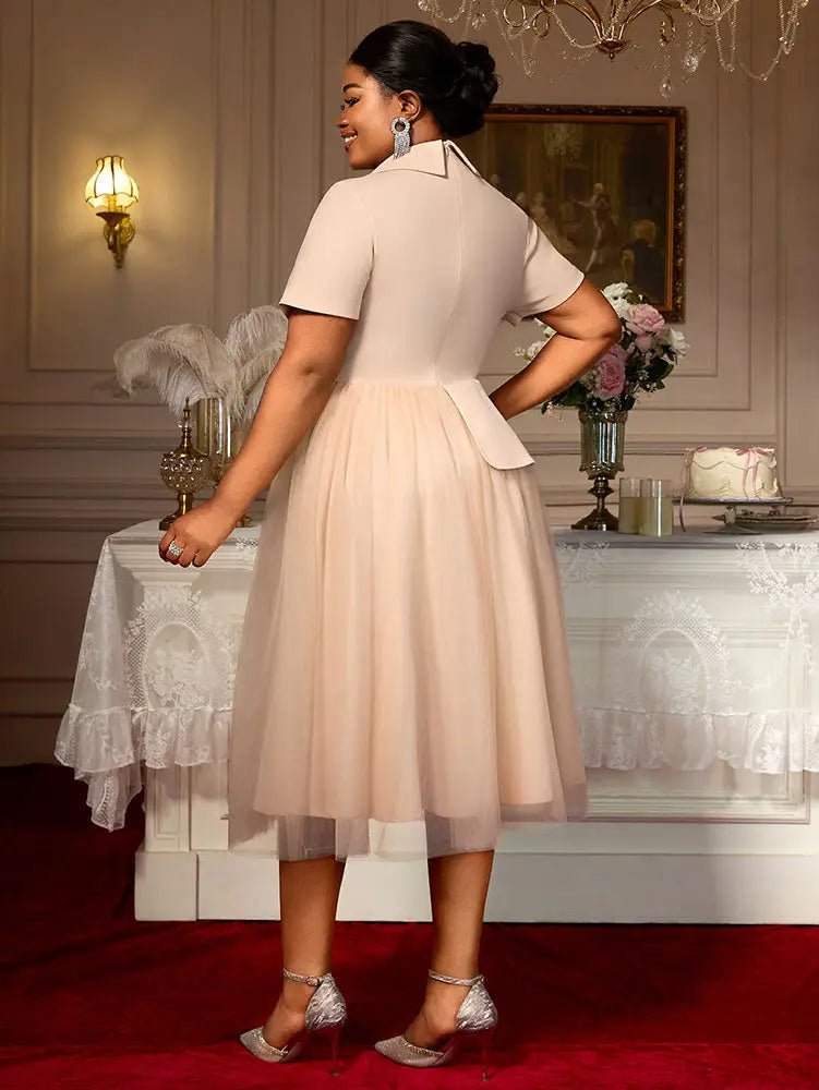 AOMEIDRESS A Line Blazer Dresses With Waist Belt Patchwork Mesh Skirt