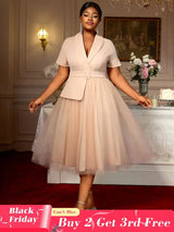 AOMEIDRESS A Line Blazer Dresses With Waist Belt Patchwork Mesh Skirt Khaki / 0XL