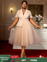 AOMEIDRESS A Line Blazer Dresses With Waist Belt Patchwork Mesh Skirt Khaki / 0XL