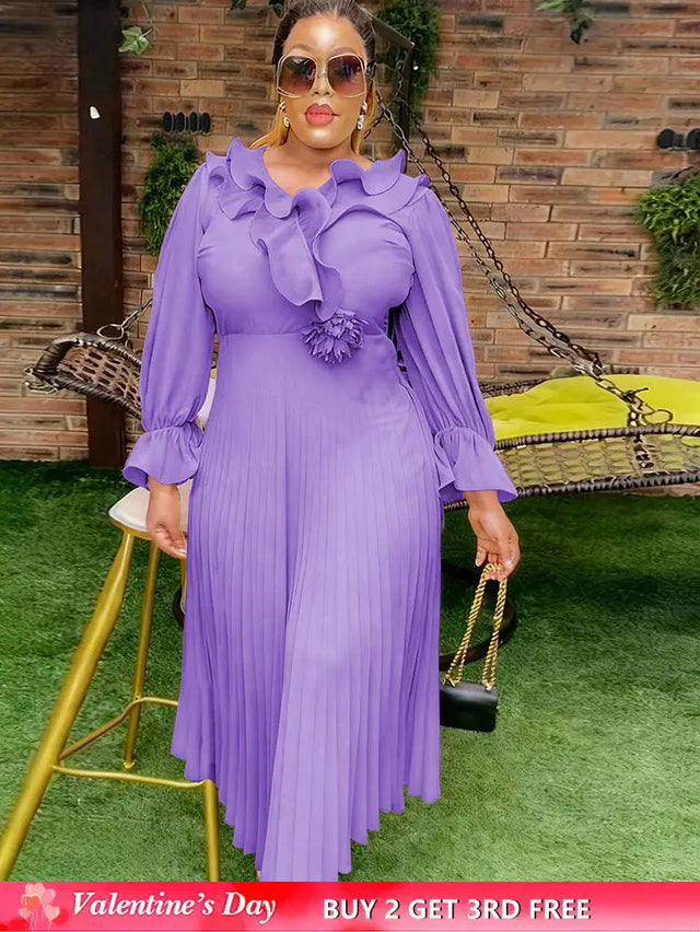 AOMEIDRESS A Line Chiffon Dress V Neck Puff Sleeve Ruffles Gowns New Lavender / L