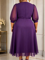 AOMEIDRESS A Line Chiffon Dresses O Neck Half Puff Sleeves 3D Flower
