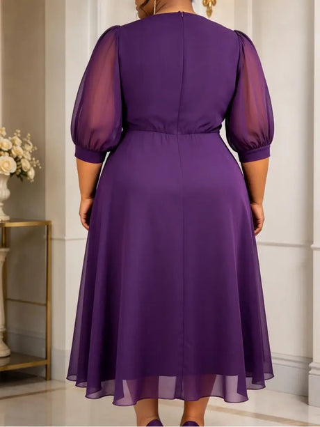 AOMEIDRESS A Line Chiffon Dresses O Neck Half Puff Sleeves 3D Flower