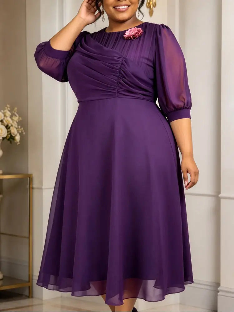 AOMEIDRESS A Line Chiffon Dresses O Neck Half Puff Sleeves 3D Flower