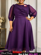 AOMEIDRESS A Line Chiffon Dresses O Neck Half Puff Sleeves 3D Flower - DeepPurple / L