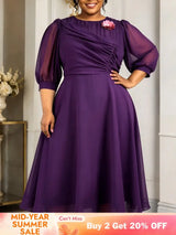AOMEIDRESS A Line Chiffon Dresses O Neck Half Puff Sleeves 3D Flower - DeepPurple / L