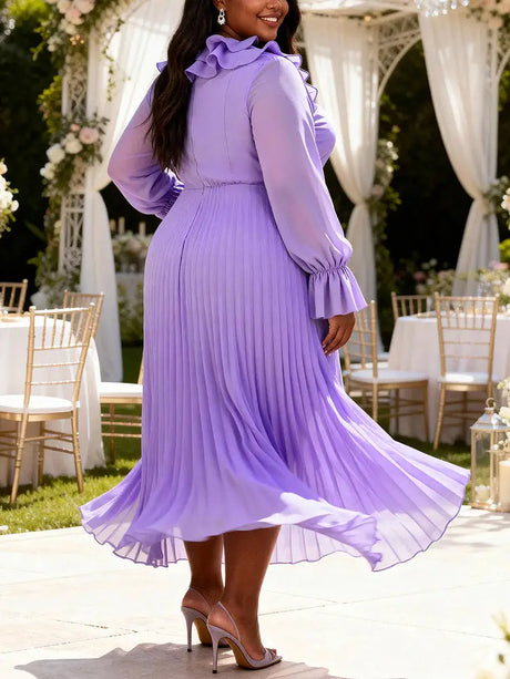 AOMEIDRESS A Line Chiffon Plated Dress Ruffles Neck Puff Sleeve Gowns