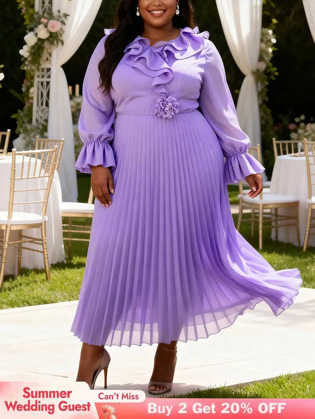 AOMEIDRESS A Line Chiffon Plated Dress Ruffles Neck Puff Sleeve Gowns - Lavender / L